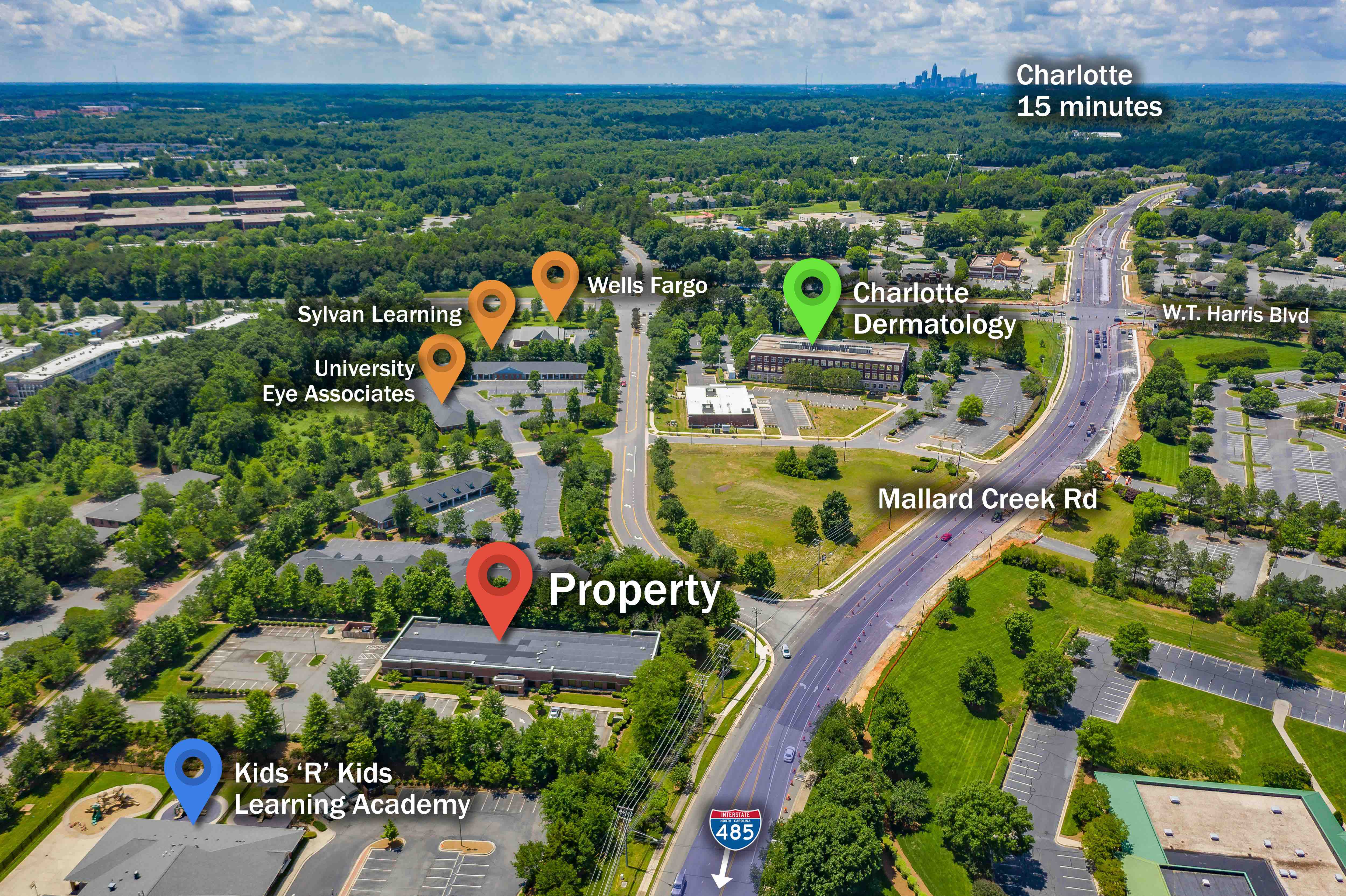 Aerial view of the office property and surrounding area